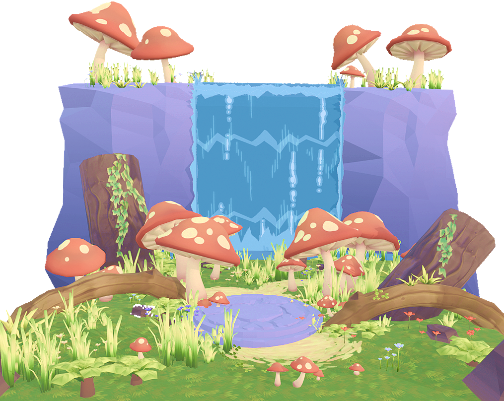 A colorful Pikar mushroom kingdom with a waterfall